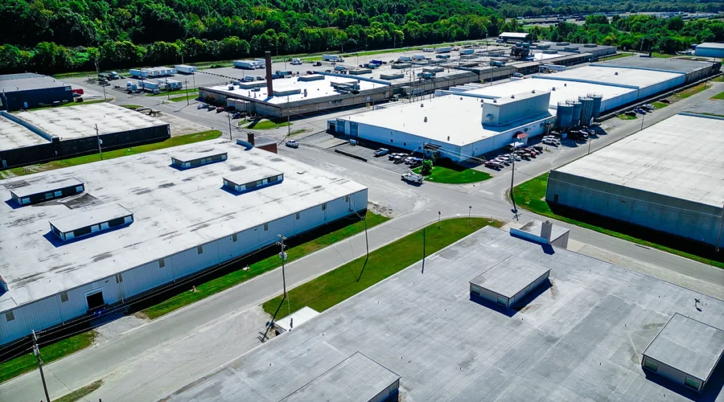 Aerial view of Distributors Terminal 3PL warehouse and industrial distribution complex in Terre Haute, Indiana.
