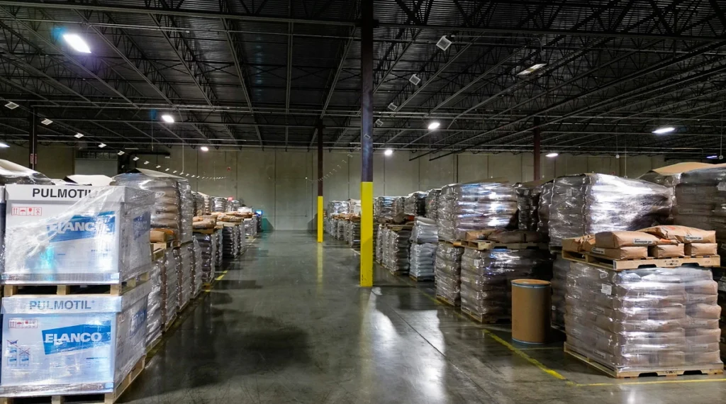 Interior of a food-grade warehouse in Indiana with organized pallets, racking systems, and clean loading bays
