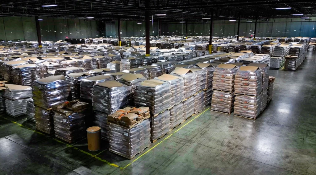 A high efficiency manufacturing warehouse in Indianapolis showing raw material safety stock ready for delivery