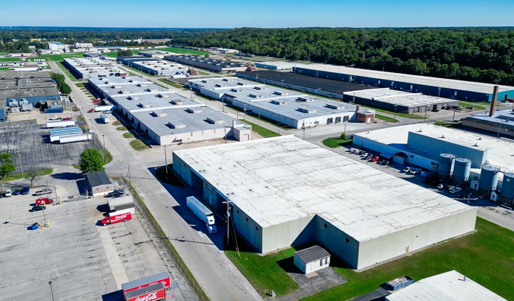 Aerial view of food grade 3PL warehouse facility in Terre Haute, Indiana with active loading docks