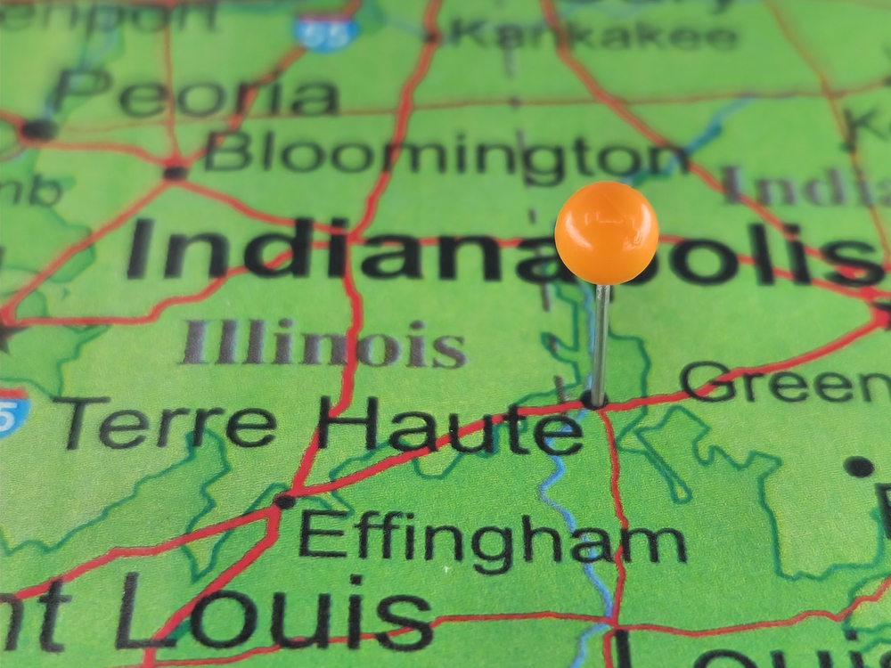 Map marking Terre Haute, Indiana, a Midwest warehousing location about 60 miles west of Indianapolis